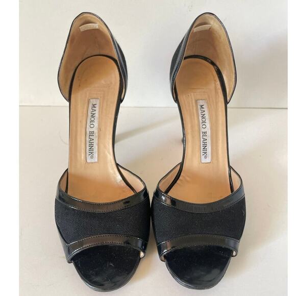 Manolo Blahnik Black Open Peep Toe Canvas and Patent Heels Shoes • Size 36 - Picture 2 of 8
